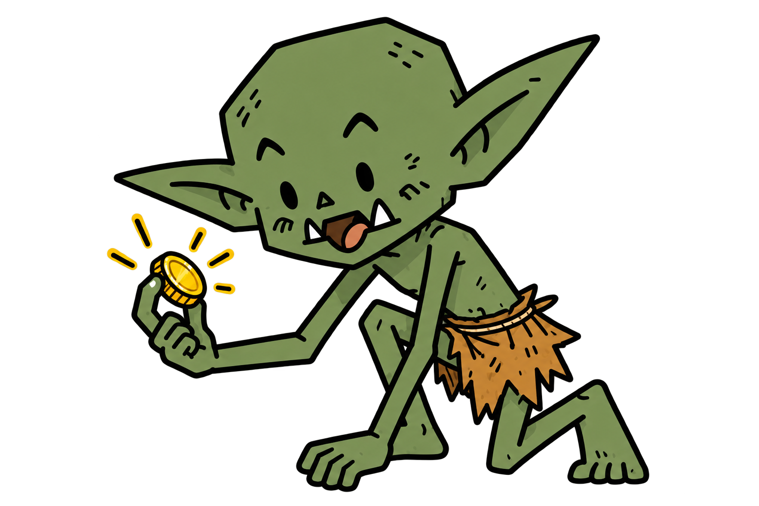 A green GRYMO goblin admiring a glowing gold coin